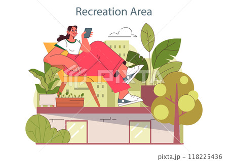 Urban farming or gardening. City horticulture practice. Character relaxing on the roof or balcony surrounded by houseplants. Green recreational areas. Flat vector illustration Urban farming or gardening. City horticulture practice. Character relaxing on the roof or balcony surrounded by houseplants. Green recreational areas. Flat vector illustration 118225436