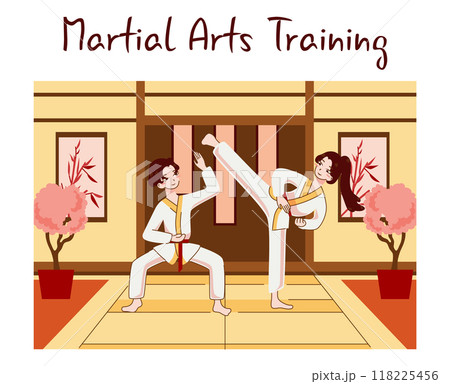 Asian people doing sport. Karate exercising. Chinese practise or martial art. Female and male characters in traditional clothes. Sportsmen training. Flat vector illustration 118225456