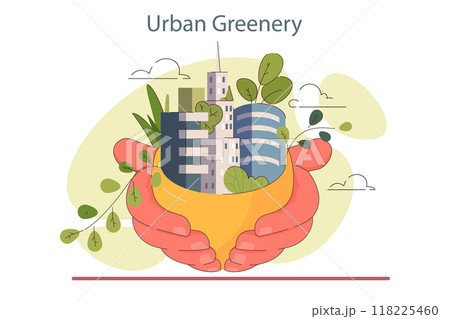 Urban farming or gardening. City horticulture practice. Planting and watering the sprout, growing plants on the roof or balcony. Modern city green recreational areas. Flat vector illustration 118225460