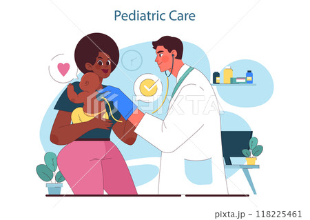 Children healthcare. Parent with kids visiting pediatrician doctor or healthcare specialist. Doctor consultation on baby physical and mental health. Parents' support. Flat vector illustration 118225461