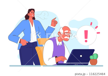 Female boss scolding an elderly employee. Coworker shouting at senior office worker. Rebuke to old person at the office. Flat vector illustration 118225464