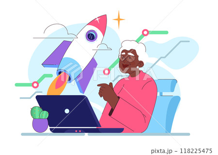 Senior employee. Elderly character keep working after retirement. Old worker in a formal business wear. Pensioner getting a job and making money in the office. Flat vector illustration Senior employee. Elderly character keep working after retirement. Old worker in a formal business wear. Pensioner getting a job and making money in the office. Flat vector illustration 118225475