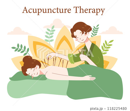Acupuncture. Needle therapy, asian alternative medicine. Chinese medical practice for disease treatment and prevention. Flat vector illustration Acupuncture. Needle therapy, asian alternative medicine. Chinese medical practice for disease treatment and prevention. Flat vector illustration 118225480