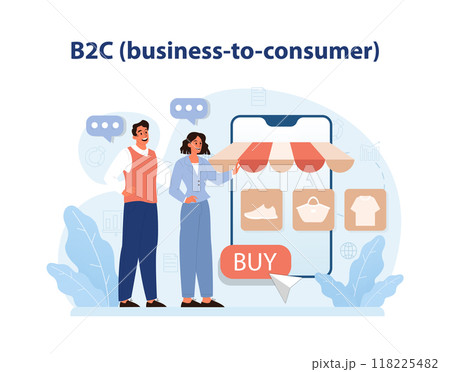 E-store and e-commerce. Entrepreneur selling goods and gaining profit on digital platform. Brand development and online promotion. Dropshipping business model. Flat vector illustration 118225482