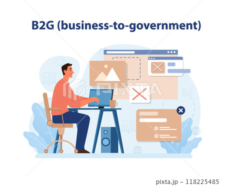 E-store and e-commerce. B2G or Business to Government marketing model. Company selling goods, services and information to government or government agency. Flat vector illustration 118225485