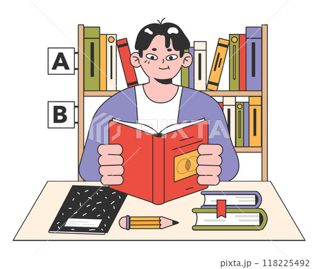 College university library. Self study place. Students reading textbooks. Higher academic education. Campus lifestyle. Flat vector illustration 118225492