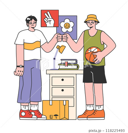 College roommates. Student living and hanging out together at uni dormitory or student apartment. Teens or young adult friends. Flat vector illustration 118225493