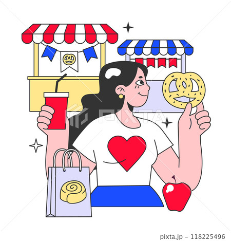 Street market on summer fair. Character enjoy food from the street market. Food sale counters, local bakery and fruits stands. Flat vector illustration Street market on summer fair. Character enjoy food from the street market. Food sale counters, local bakery and fruits stands. Flat vector illustration 118225496