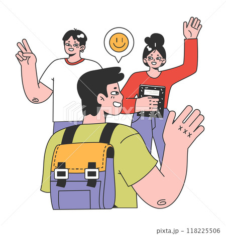 College or university students. Happy young people hang out together. Higher academic education. Campus friends community. Flat vector illustration 118225506