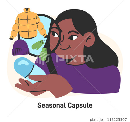 Capsule wardrobe. Character choose or collect sets of clothes, making combination of seasonal apparel. Winter clothes outfit. Modern sustainable fashion and minimalism. Flat vector illustration 118225507