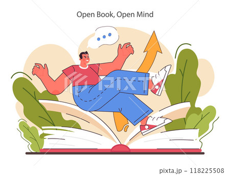 Open book, open mind. Continuous learning and curiosity in open-mindedness. Psychological quality, willingness to understand different points of view. Flat vector illustration 118225508