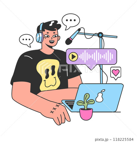 Podcast. Character recording audio podcast or audio online show. Radio host interviewing guest, mass media broadcasting. Flat vector illustration Podcast. Character recording audio podcast or audio online show. Radio host interviewing guest, mass media broadcasting. Flat vector illustration 118225584