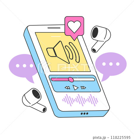 Music or podcast streaming mobile app. Podcast or audio online show platform. Digital device for mass media broadcasting. Flat vector illustration 118225595