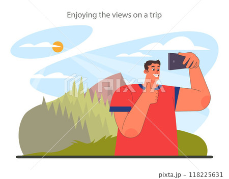 Solo travel. Character traveling alone with a back pack. Outdoor relaxation, vacation activity. Adventurous lifestyle, traveler exploring nature. Flat vector illustration Solo travel. Character traveling alone with a back pack. Outdoor relaxation, vacation activity. Adventurous lifestyle, traveler exploring nature. Flat vector illustration 118225631