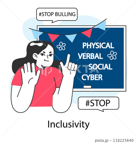 School bullying. Students' mental health awareness in school. Children upbringing and education. School inclusivity, anti-bullying program. Modern approach to teaching. Flat vector illustration School bullying. Students' mental health awareness in school. Children upbringing and education. School inclusivity, anti-bullying program. Modern approach to teaching. Flat vector illustration 118225640
