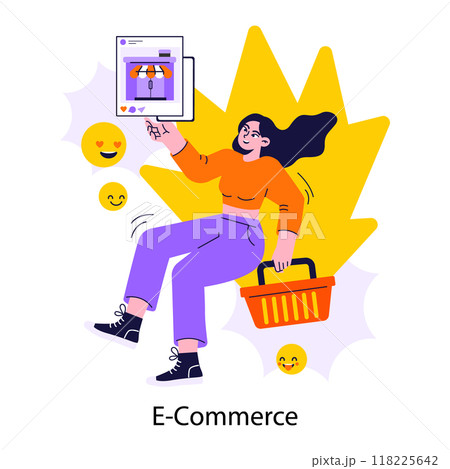 E-commerce. Online shopping with a big discount and special offer. Character purchasing goods in the internet, in mobile app or social media blog. Flat vector illustration E-commerce. Online shopping with a big discount and special offer. Character purchasing goods in the internet, in mobile app or social media blog. Flat vector illustration 118225642