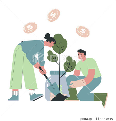 Green marketing. Corporate charity, aid projects and donation. Company using sustainable practices for promotion. Business' responsibility for impact on environment. Flat vector illustration Green marketing. Corporate charity, aid projects and donation. Company using sustainable practices for promotion. Business' responsibility for impact on environment. Flat vector illustration 118225649