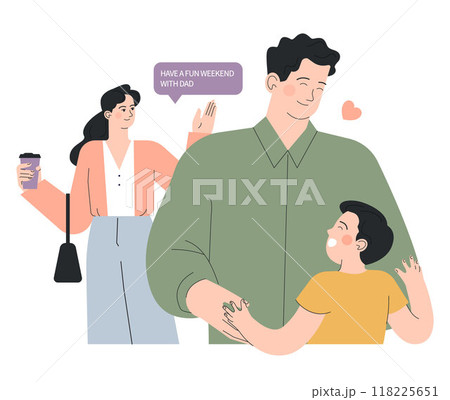 Joint parenting. Divorced spouses raising a child together. Kid spending time with father after a family separation. Flat vector illustration 118225651