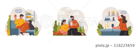 Hygge set. Happy people relaxing at home, family members leisure time. Slow lifestyle approach. Idea of coziness and comfort. Body and mind balance. Flat vector illustration Hygge set. Happy people relaxing at home, family members leisure time. Slow lifestyle approach. Idea of coziness and comfort. Body and mind balance. Flat vector illustration 118225659