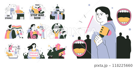 Protest set. People on demonstration. Angry characters holding a megaphone and posters with demands. People protesting, strike, political march, parade or rally. Flat vector illustration Protest set. People on demonstration. Angry characters holding a megaphone and posters with demands. People protesting, strike, political march, parade or rally. Flat vector illustration 118225660