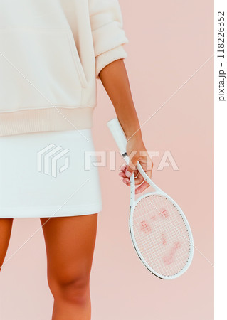 A woman is holding a tennis racket and wearing a white skirt 118226352