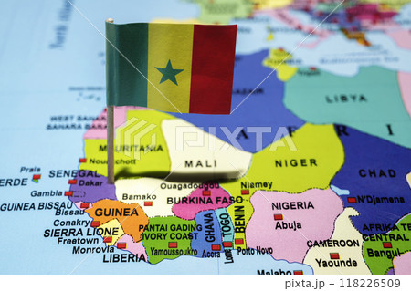 A map of Senegal with the national flag of Senegal on it 118226509