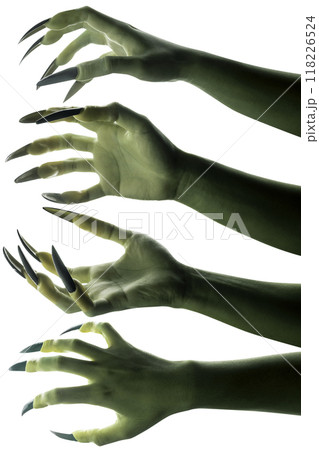 Set of witches hands. The color is green. Evil, zombie, or monster hand 118226524