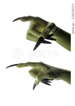 Two witches hands with long nails pointing in opposite directions Two witches hands with long nails pointing in opposite directions 118226527