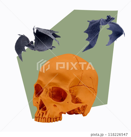 The human head skull is surrounded by flying bats on top The human head skull is surrounded by flying bats on top 118226547