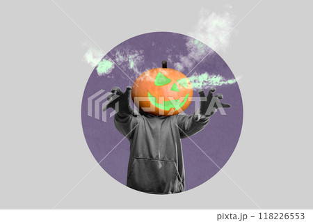 A man with a Halloween Jack o Lantern pumpkin on his head with smokes 118226553