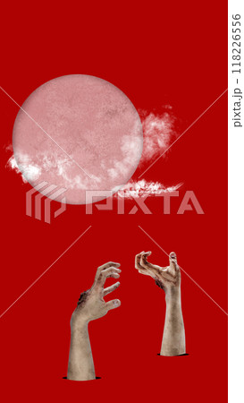 A red background with a large red full moon and two zombie hands raised from the ground 118226556