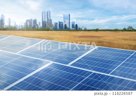 A solar panel is shown on a clear blue sky A solar panel is shown on a clear blue sky 118226587