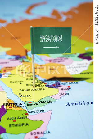A map of the Middle East with a Saudi Arabia flag on it 118226621