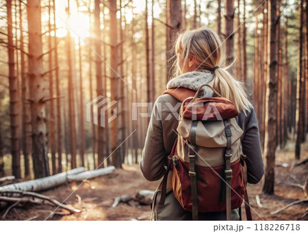 Woman with backpack standing in forest. Rest during hiking in mountains 118226718
