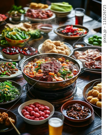 Traditional Chinese lunar New Year dinner table, party invitation, menu background with pork, fried fish, chicken, rice balls, dumplings, fortune cookie, nian gao cake, noodles, chinese decorations 118226725