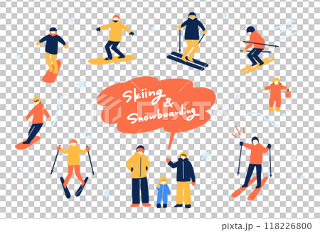 Illustration set of people enjoying skiing and snowboarding 118226800
