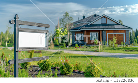 Blank Real Estate Sign Ready For Your Message in Front of House. Generative AI. 118226836
