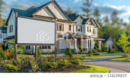 Blank Real Estate Sign Ready For Your Message in Front of House or Office. Generative AI. 118226837