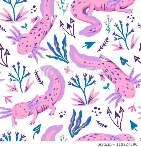 Hand-drawn seamless pattern with doodle axolotles and plants. Cute  illustration in modern style in delicate pastel colors. 118227390