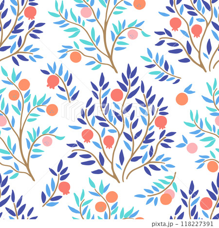 Trendy seamless pattern with doodle orange and pomegranate trees. Cute illustration in modern style in delicate pastel colors. 118227391