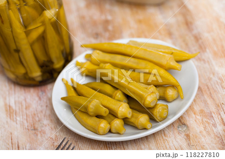 Homemade organic marinated pickled okra 118227810