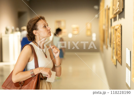 Side view of young intelligent woman looking at exhibition of paintings in museum Side view of young intelligent woman looking at exhibition of paintings in museum 118228190