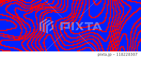 Red and blue dithered curved wavy texture. Pixelated glitch lines background. Digitalized distorted stripes for banner, poster, flyer, booklet. Abstract rasterized overlay wallpaper. Vector 118228307