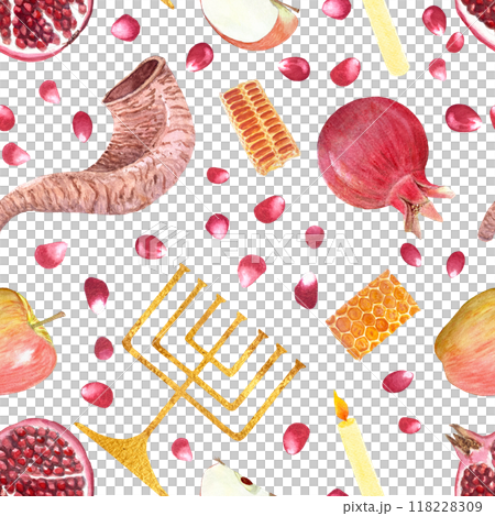 Jewish tradition clip art. Rosh Hashanah, Yom Kippur, Hanukkah hand painted watercolor seamless pattern isolated on white. Perfect for wrapping paper, packaging. Shofar, apple, pomegranate, menorah Jewish tradition clip art. Rosh Hashanah, Yom Kippur, Hanukkah hand painted watercolor seamless pattern isolated on white. Perfect for wrapping paper, packaging. Shofar, apple, pomegranate, menorah 118228309