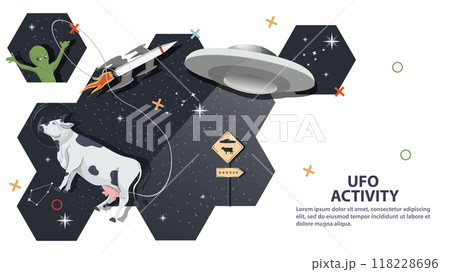 A cow in a spacesuit next to a UFO flying by against the background of space in the form of honeycombs flat childrens doodles 118228696