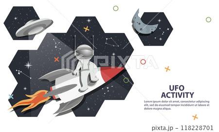 A UFO flies past an astronaut sitting on a rocket against the background of space in the form of honeycombs flat childrens doodles A UFO flies past an astronaut sitting on a rocket against the background of space in the form of honeycombs flat childrens doodles 118228701