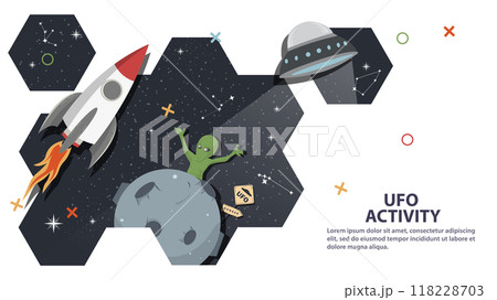 An alien waves a UFO flying by against the background of space in the form of honeycombs flat childrens doodles 118228703