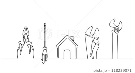 working tools craftsman top view continuous line drawing 118229071