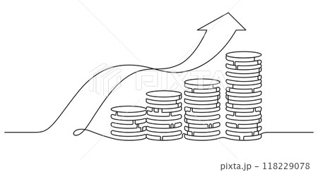 coins stack flowing growth chart arrow one line drawing 118229078