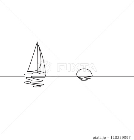 sailing boat with coastline and sunset one line drawing 118229097